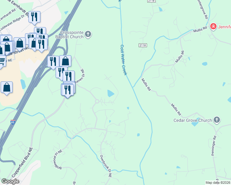 map of restaurants, bars, coffee shops, grocery stores, and more near 341 Sycamore Ridge Road Northeast in Concord