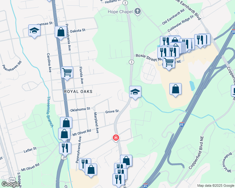 map of restaurants, bars, coffee shops, grocery stores, and more near 2701 White Oak Lane in Kannapolis