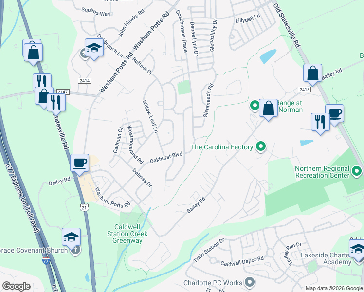 map of restaurants, bars, coffee shops, grocery stores, and more near 19103 Kanawha Drive in Cornelius