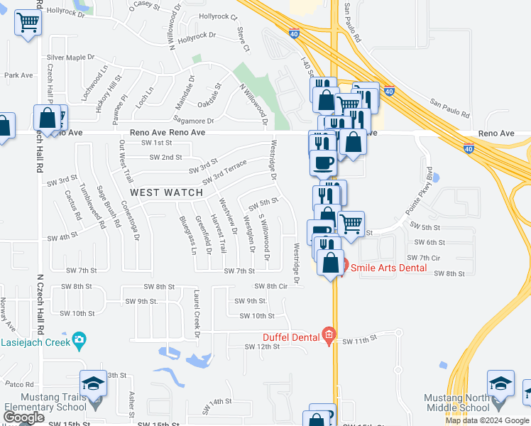 map of restaurants, bars, coffee shops, grocery stores, and more near 608 South Willowood Drive in Yukon