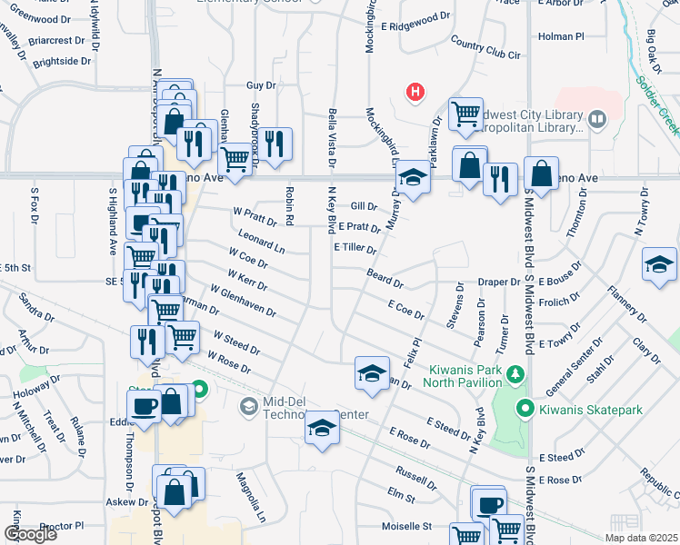 map of restaurants, bars, coffee shops, grocery stores, and more near 104 Beard Drive in Midwest City