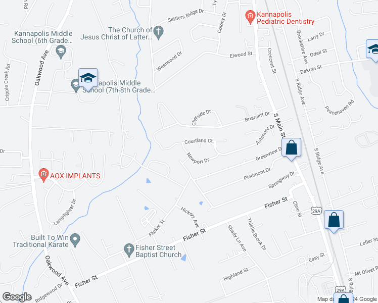 map of restaurants, bars, coffee shops, grocery stores, and more near 220 Newport Drive in Kannapolis