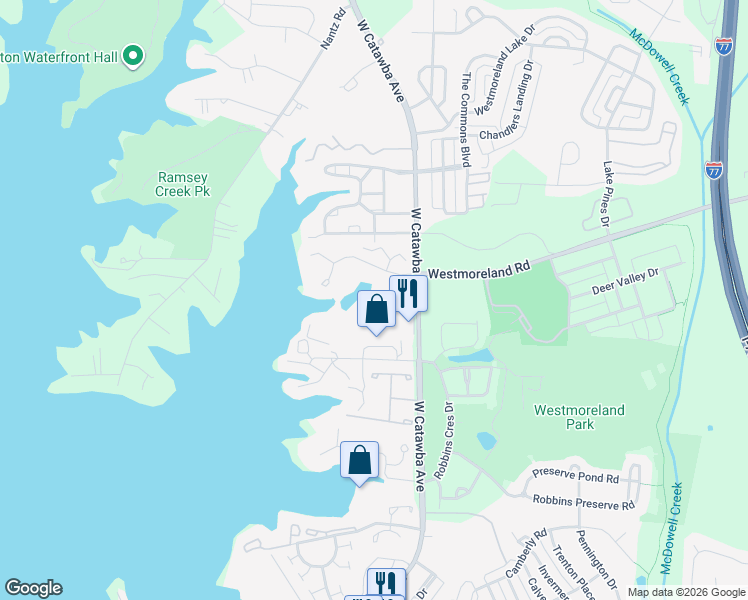 map of restaurants, bars, coffee shops, grocery stores, and more near 18832 Nautical Drive in Cornelius