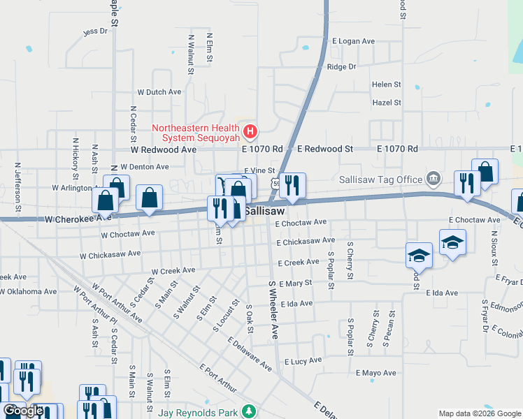 map of restaurants, bars, coffee shops, grocery stores, and more near 222 East Cherokee Avenue in Sallisaw