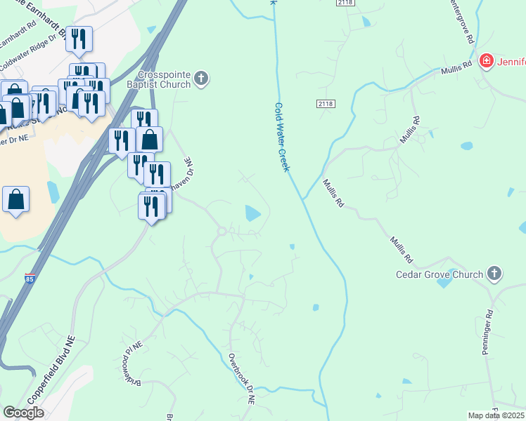 map of restaurants, bars, coffee shops, grocery stores, and more near 341 Sycamore Ridge Road Northeast in Concord