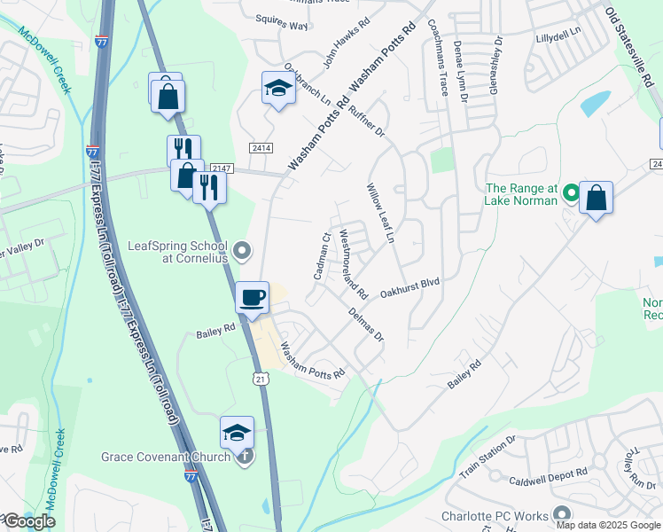 map of restaurants, bars, coffee shops, grocery stores, and more near 18616 Bonham Lane in Cornelius