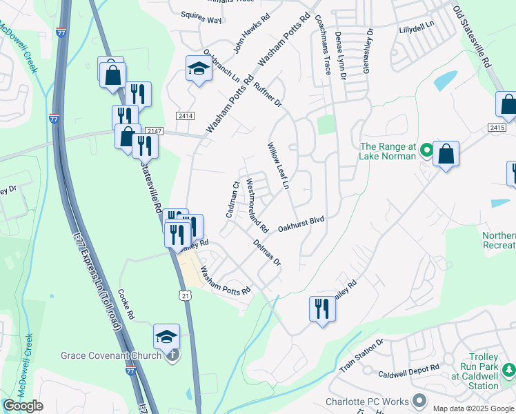 map of restaurants, bars, coffee shops, grocery stores, and more near 18711 Ruffner Drive in Cornelius