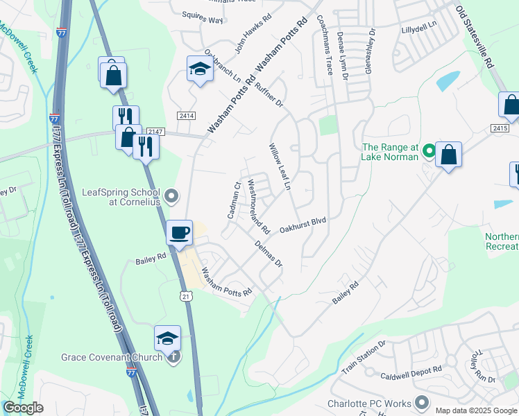 map of restaurants, bars, coffee shops, grocery stores, and more near 18711 Ruffner Drive in Cornelius