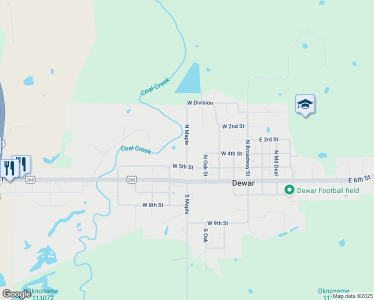 map of restaurants, bars, coffee shops, grocery stores, and more near 208 North Maple Street in Dewar