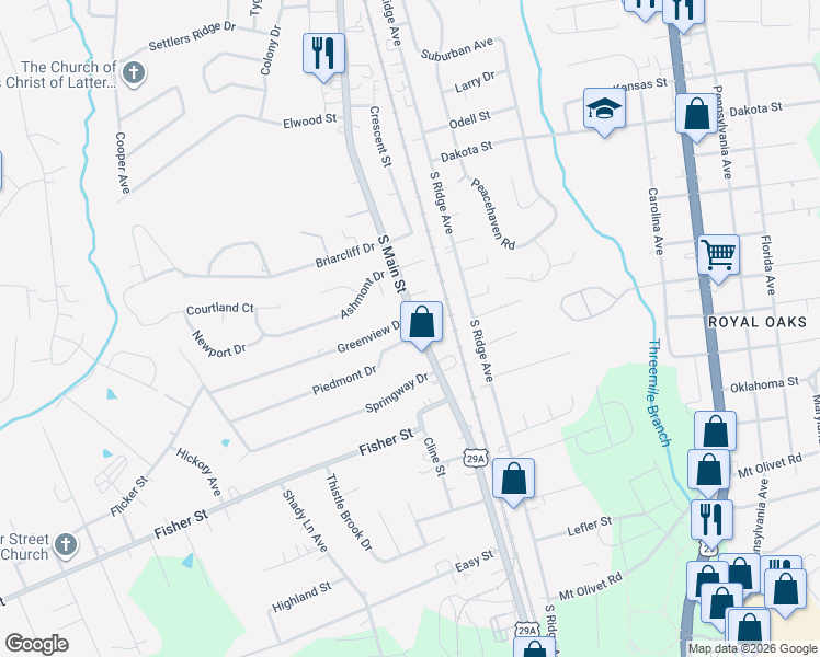 map of restaurants, bars, coffee shops, grocery stores, and more near 100 Piedmont Drive in Kannapolis