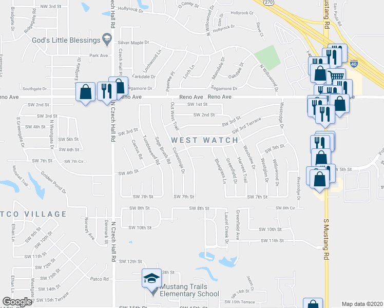 map of restaurants, bars, coffee shops, grocery stores, and more near 11825 Southwest 4th Terrace in Yukon