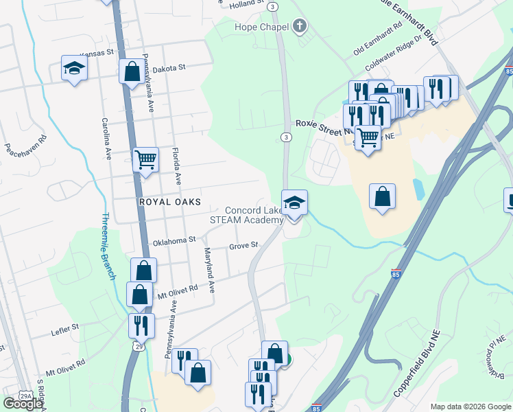 map of restaurants, bars, coffee shops, grocery stores, and more near 2637 White Oak Lane in Kannapolis