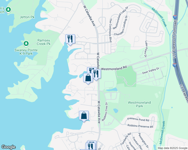 map of restaurants, bars, coffee shops, grocery stores, and more near 18091 West Catawba Avenue in Cornelius
