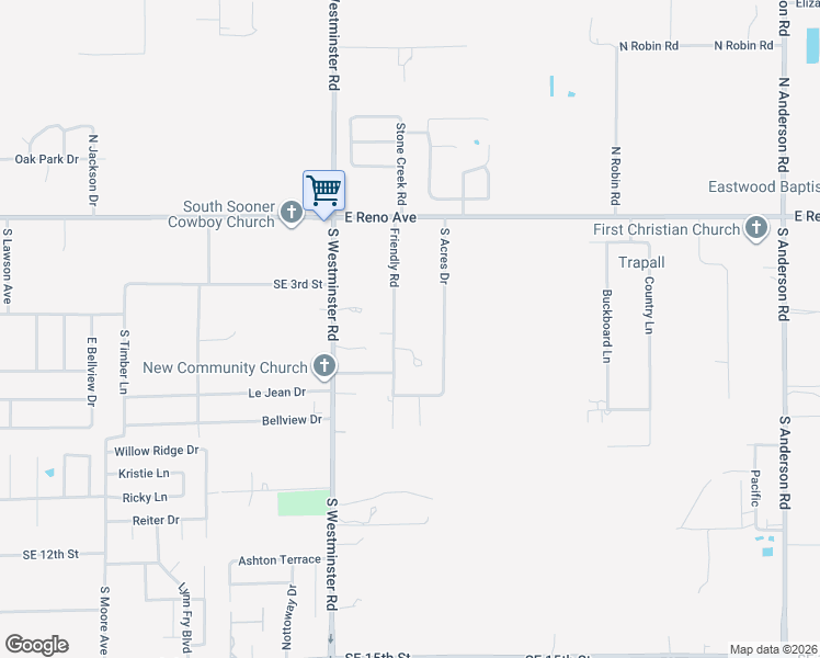 map of restaurants, bars, coffee shops, grocery stores, and more near 605 South Acres Drive in Midwest City