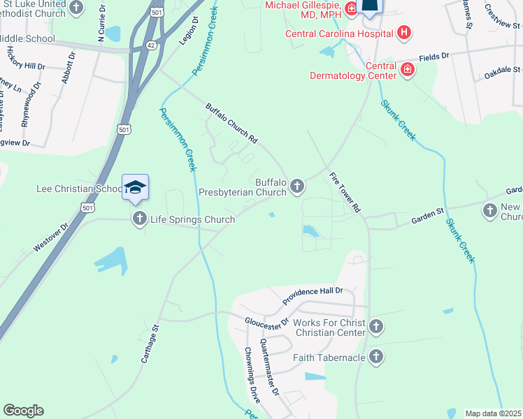 map of restaurants, bars, coffee shops, grocery stores, and more near 1421 Carthage Street in Sanford