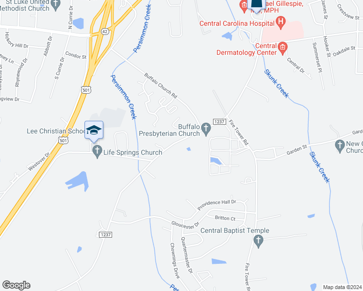 map of restaurants, bars, coffee shops, grocery stores, and more near 1421 Carthage Street in Sanford