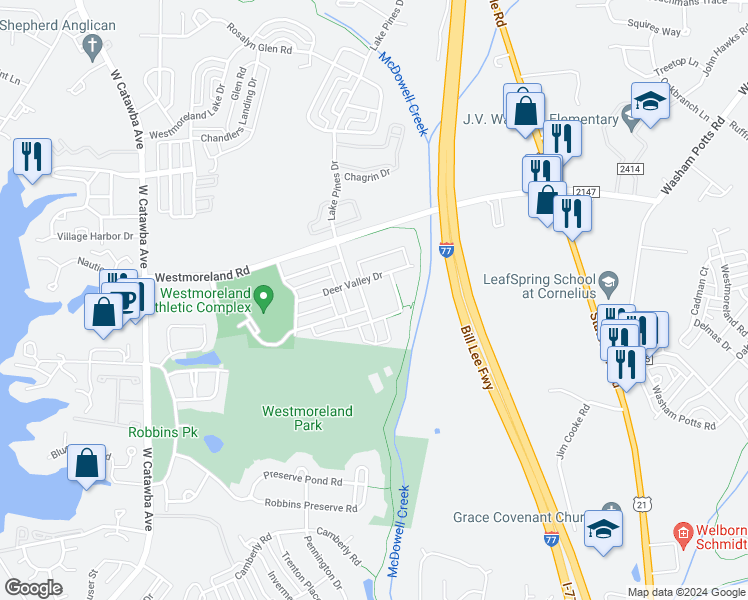 map of restaurants, bars, coffee shops, grocery stores, and more near 16646 Amberside Road East in Cornelius