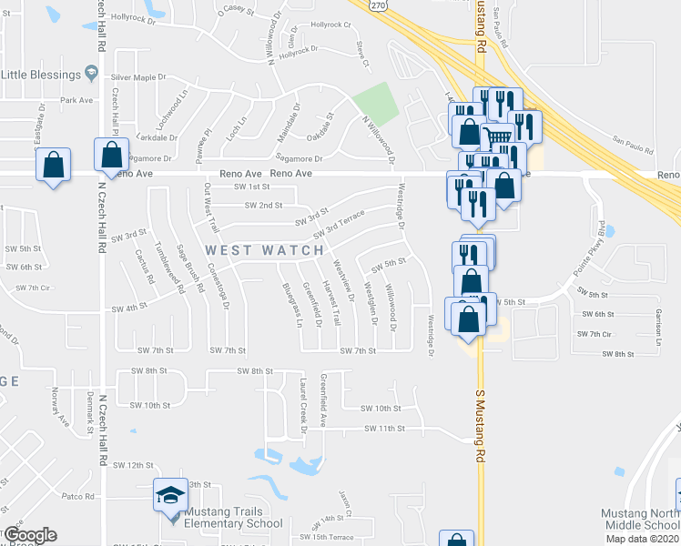 map of restaurants, bars, coffee shops, grocery stores, and more near 519 Westview Dr in Oklahoma City