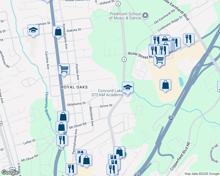 map of restaurants, bars, coffee shops, grocery stores, and more near 1119 Oklahoma Street in Kannapolis
