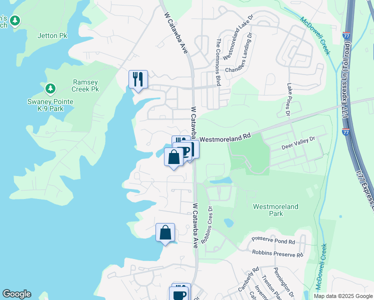 map of restaurants, bars, coffee shops, grocery stores, and more near 18091 West Catawba Avenue in Cornelius