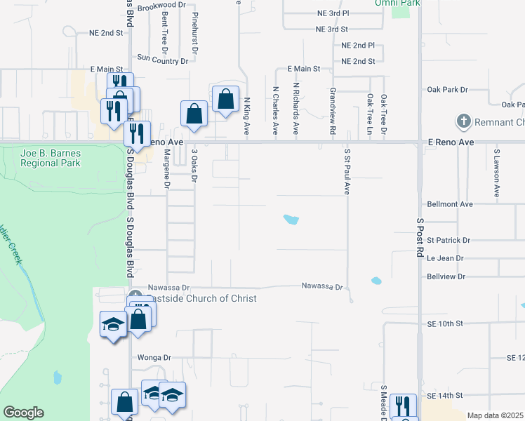 map of restaurants, bars, coffee shops, grocery stores, and more near 9332 Emily Lane in Midwest City