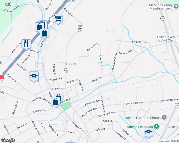 map of restaurants, bars, coffee shops, grocery stores, and more near 523 Riddle Street in Athens