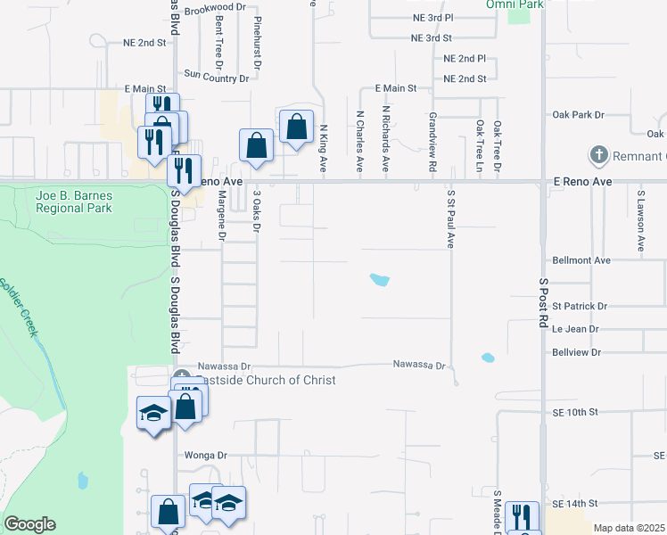 map of restaurants, bars, coffee shops, grocery stores, and more near 9332 Emily Lane in Midwest City