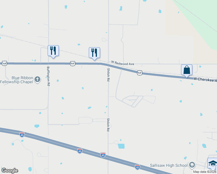 map of restaurants, bars, coffee shops, grocery stores, and more near 280 Shiloh Road in Sallisaw