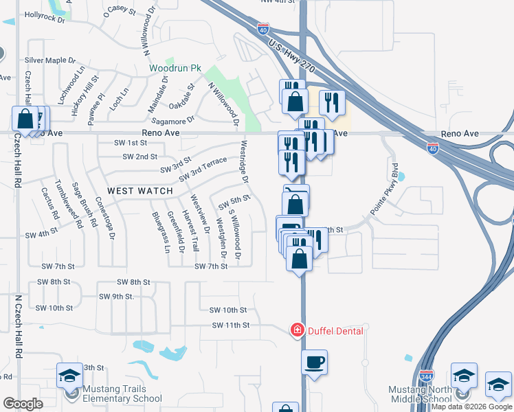 map of restaurants, bars, coffee shops, grocery stores, and more near 609 Westridge Drive in Yukon