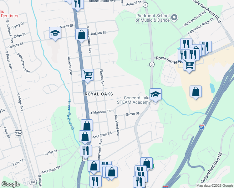 map of restaurants, bars, coffee shops, grocery stores, and more near 1107 Oklahoma Street in Kannapolis