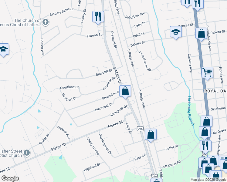 map of restaurants, bars, coffee shops, grocery stores, and more near 108 Piedmont Drive in Kannapolis