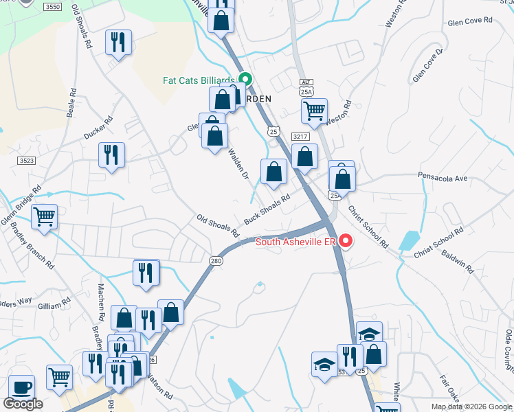 map of restaurants, bars, coffee shops, grocery stores, and more near 47 Buck Shoals Road in Arden