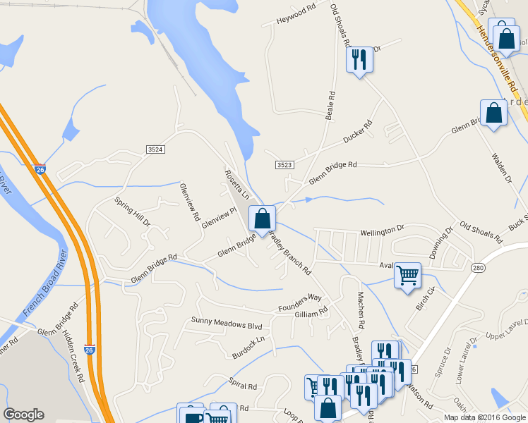 map of restaurants, bars, coffee shops, grocery stores, and more near 182 Bradley Branch Road in Arden