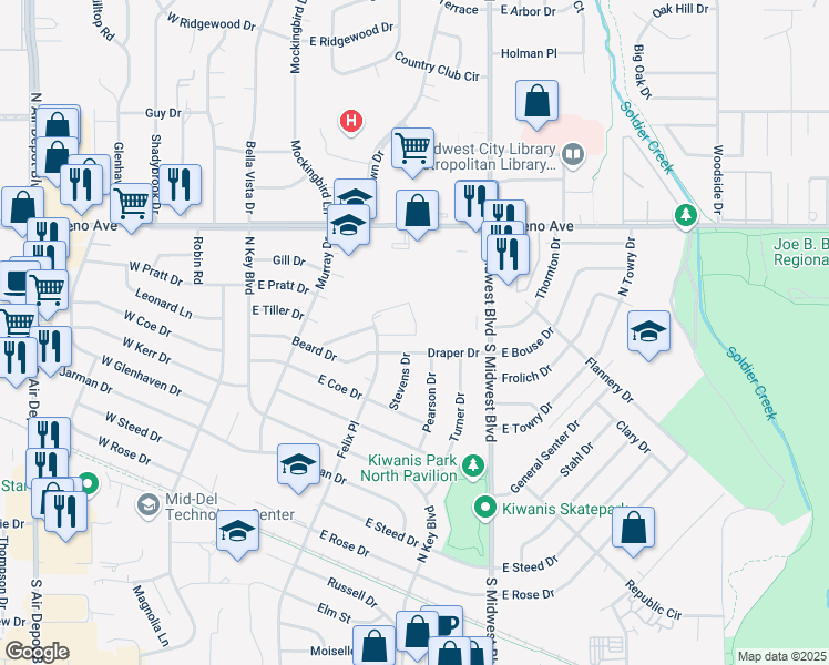 map of restaurants, bars, coffee shops, grocery stores, and more near 308 Draper Drive in Midwest City