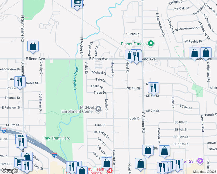 map of restaurants, bars, coffee shops, grocery stores, and more near 4812 Trapp Drive in Del City