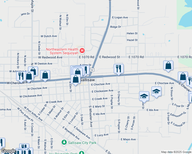 map of restaurants, bars, coffee shops, grocery stores, and more near East Cherokee Avenue in Sallisaw