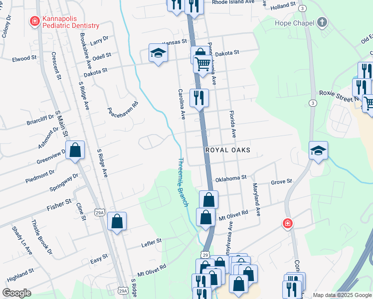 map of restaurants, bars, coffee shops, grocery stores, and more near 2500 Carolina Avenue in Kannapolis