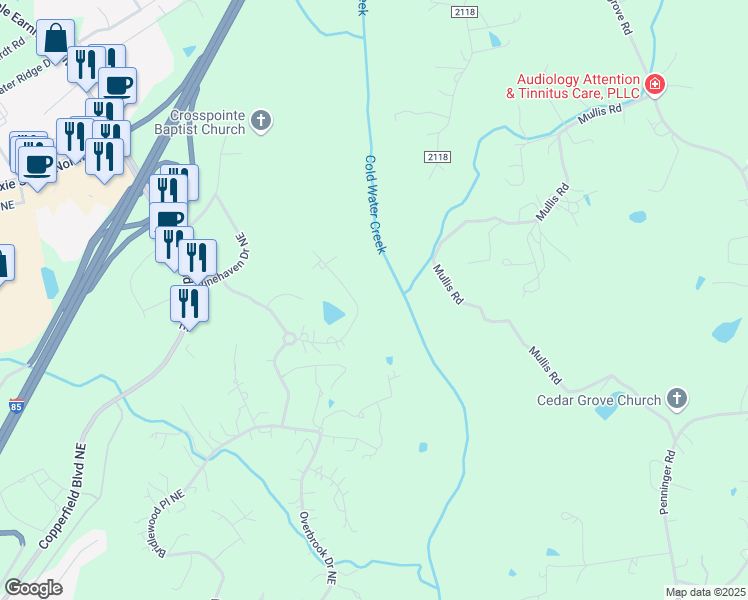 map of restaurants, bars, coffee shops, grocery stores, and more near 358 Sycamore Ridge Road Northeast in Concord
