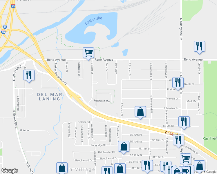 map of restaurants, bars, coffee shops, grocery stores, and more near 225 Burk Drive in Oklahoma City