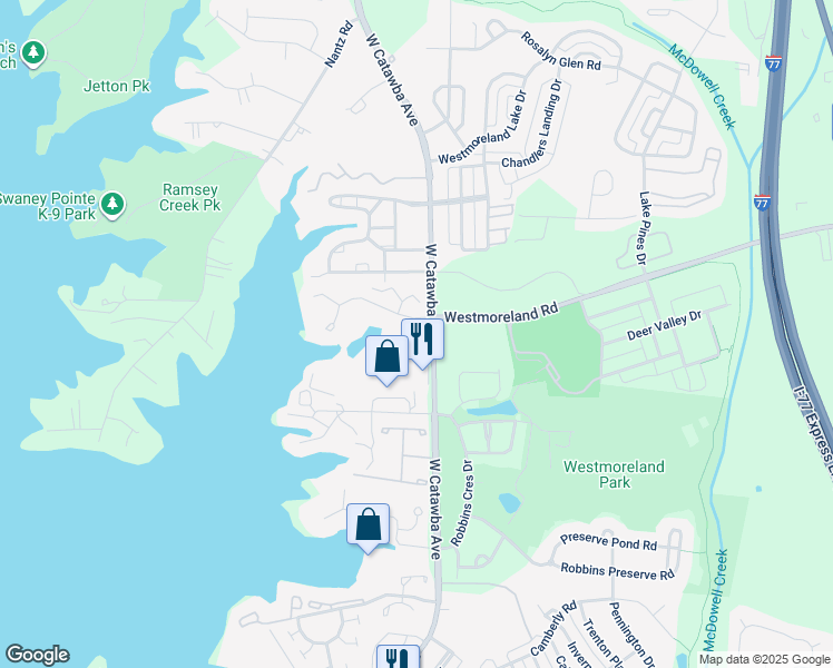 map of restaurants, bars, coffee shops, grocery stores, and more near 18817 Nautical Drive in Cornelius