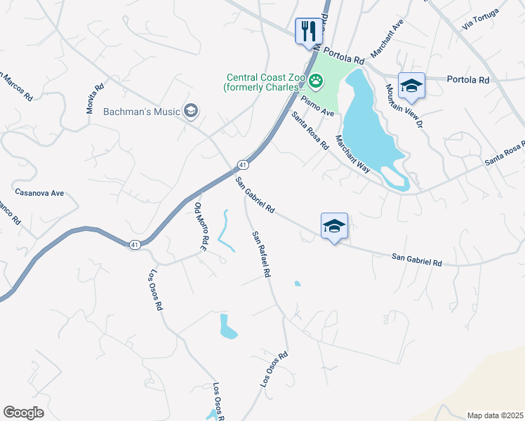 map of restaurants, bars, coffee shops, grocery stores, and more near 7990 San Gabriel Road in Atascadero