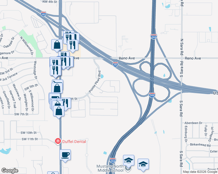 map of restaurants, bars, coffee shops, grocery stores, and more near 500 Pointe Parkway Boulevard in Yukon