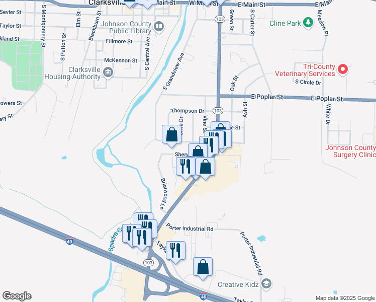 map of restaurants, bars, coffee shops, grocery stores, and more near 805 Olive Drive in Clarksville