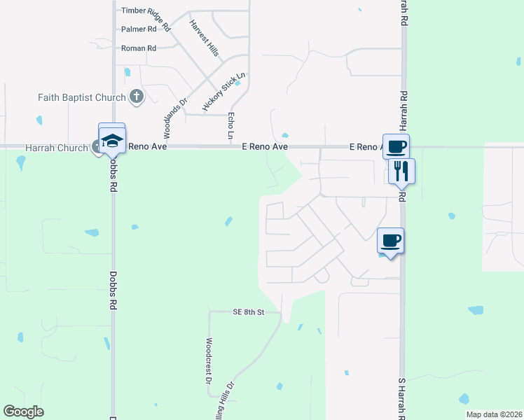 map of restaurants, bars, coffee shops, grocery stores, and more near 201 Timber Lane in Harrah