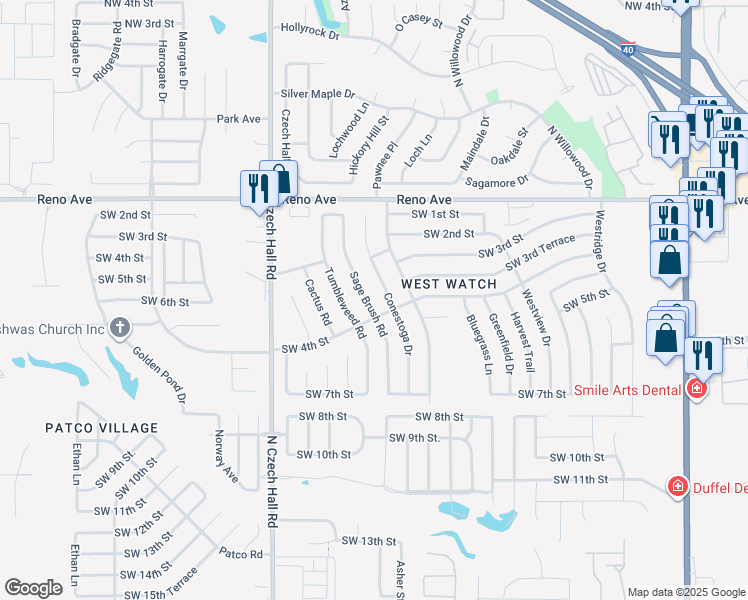 map of restaurants, bars, coffee shops, grocery stores, and more near 416 Sage Brush Road in Yukon