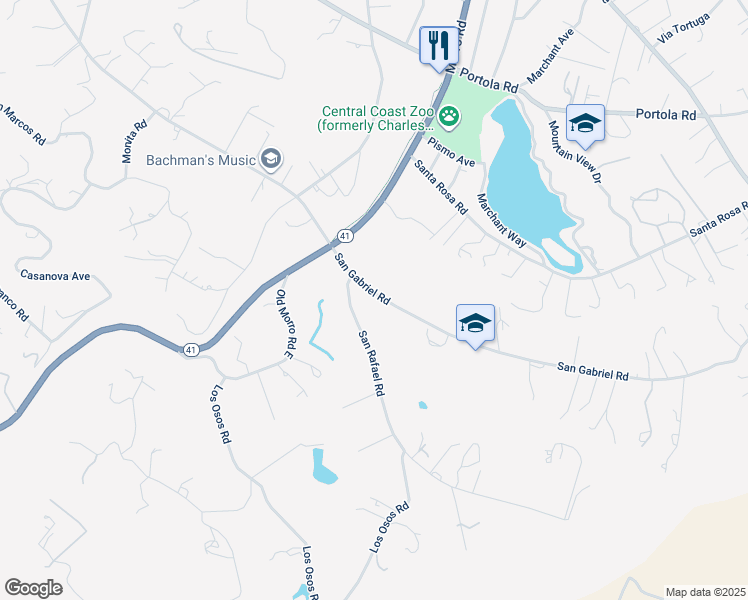 map of restaurants, bars, coffee shops, grocery stores, and more near 7975 San Gabriel Road in Atascadero