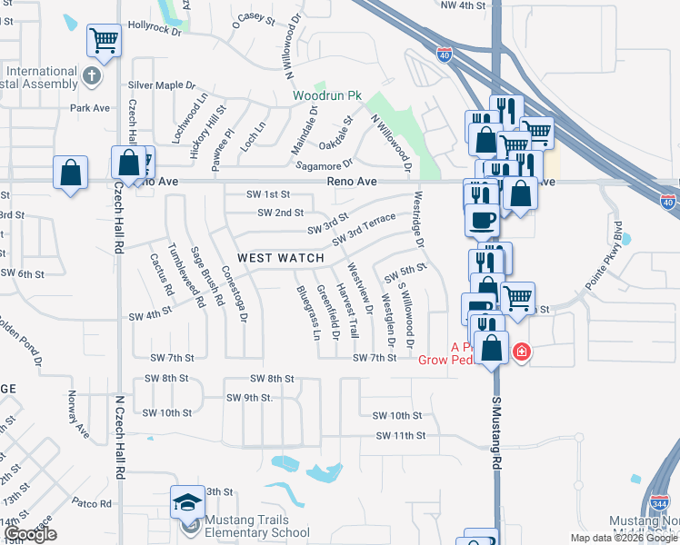 map of restaurants, bars, coffee shops, grocery stores, and more near 11809 Southwest 4th Street in Yukon