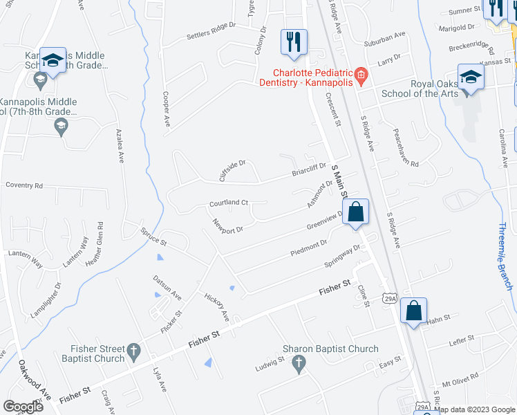 map of restaurants, bars, coffee shops, grocery stores, and more near 343 Courtland Court in Kannapolis