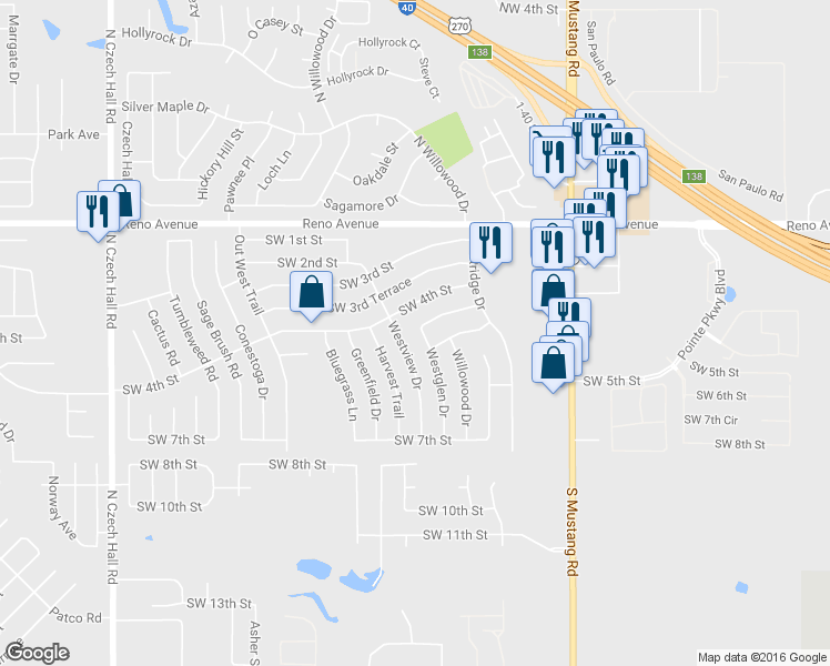 map of restaurants, bars, coffee shops, grocery stores, and more near 601 Westglen Dr in Yukon