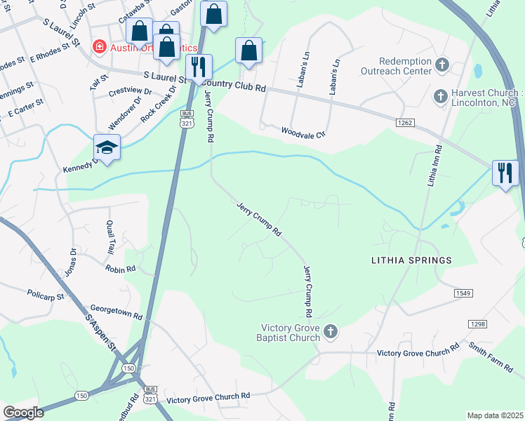 map of restaurants, bars, coffee shops, grocery stores, and more near 105 Saddletree Road in Lincolnton